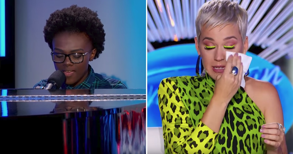 Girl singing at a piano, left, and Katy Perry wiping away a tear, right.