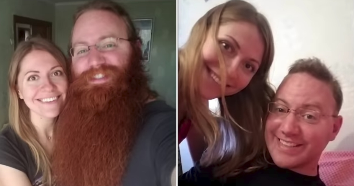 Man stands with his wife before, left, and after, right, he shaves his beard.