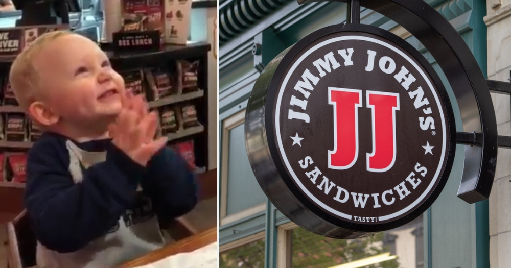 Baby clapping, left, Jimmy Johns logo, right.