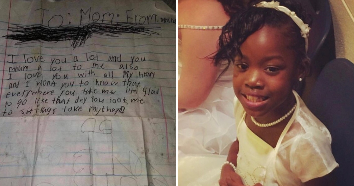 Handwritten letter, left, and little girl, right.