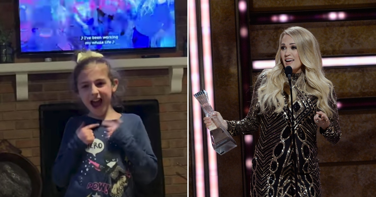 Little girl doing sign language, left, and Carrie Underwood, right.