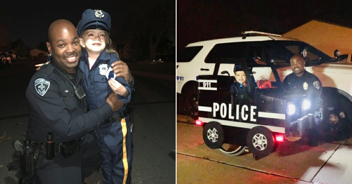 Police officer with little girl, left, and her in her wheelchair police cruiser, right.