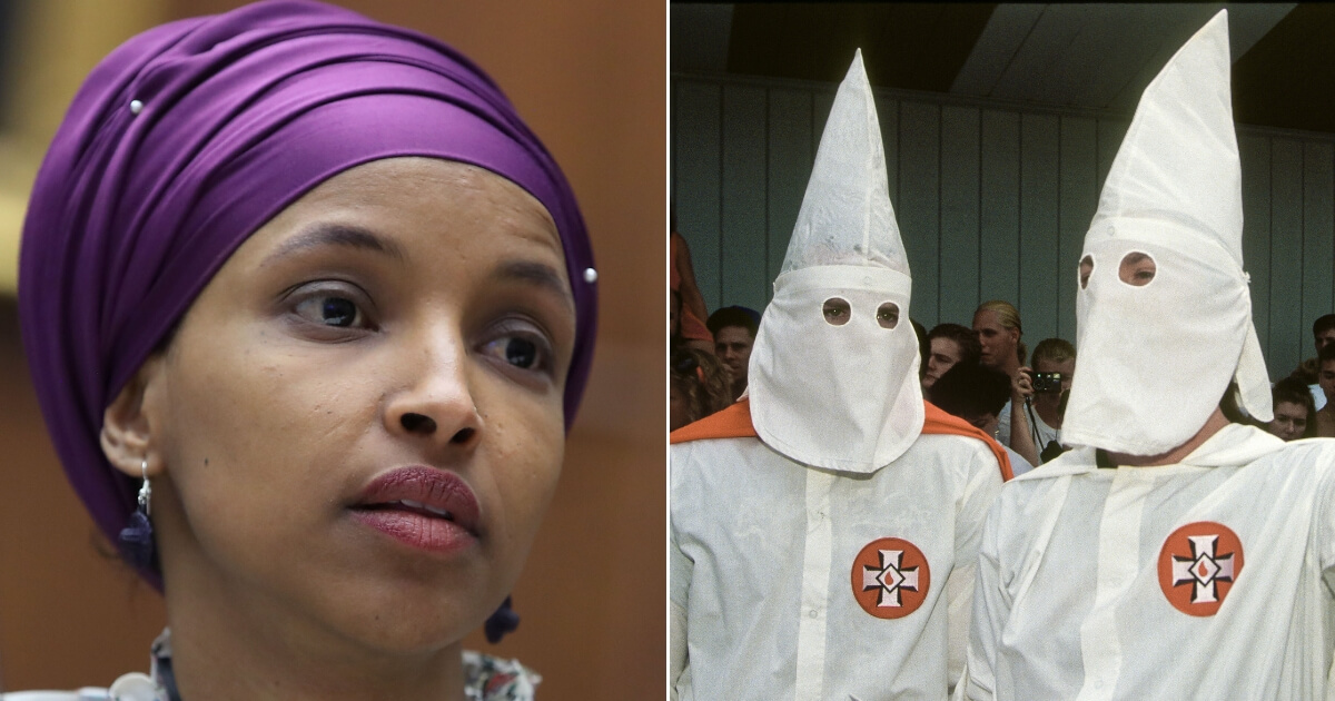 Democratic Rep. Ilhan Omar of Minnesota ; A pair of hooded Klansmen at a KKK march.