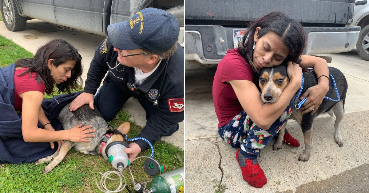 Woman and first responder put oxygen mask on dog, left, dog's owner hugs her, right.
