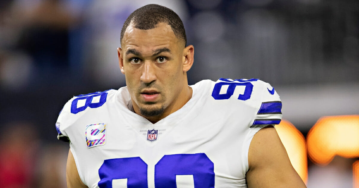 Tyrone Crawford of the Dallas Cowboys warms up before a game against the Houston Texans at NRG Stadium on Oct. 7, 2018 in Houston.