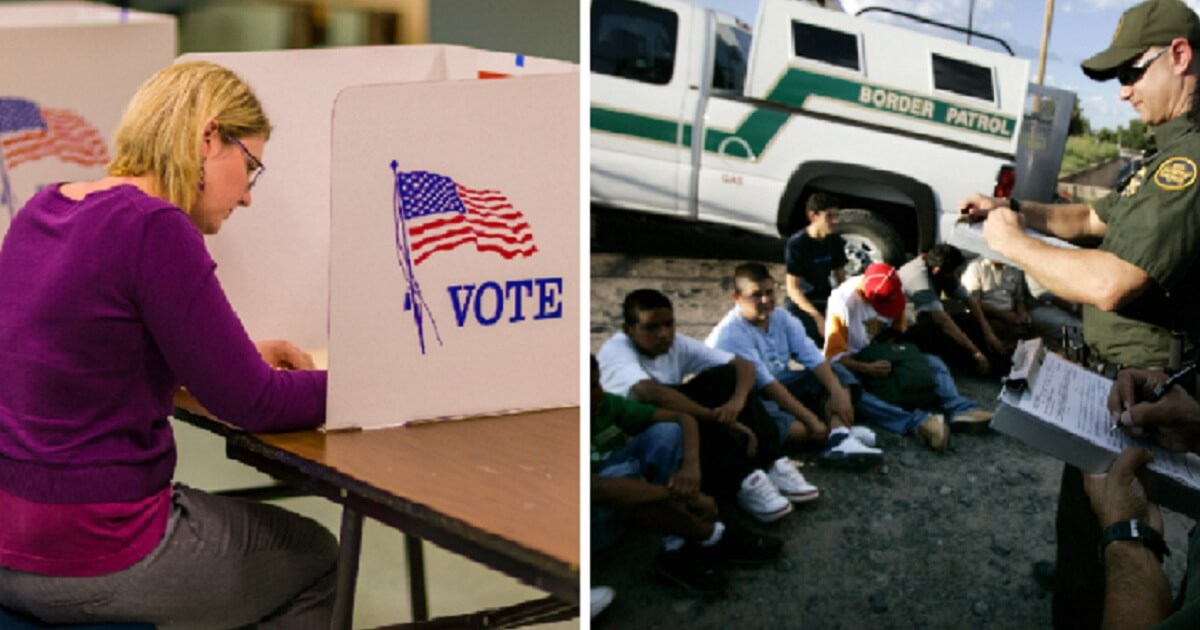 Woman voting, left; illegal aliens arrestedc by Border Patrol, right.