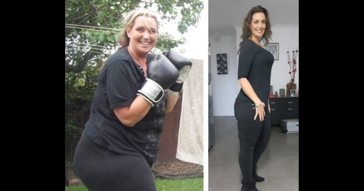 Before an after pictures of a woman's weight-loss journey.