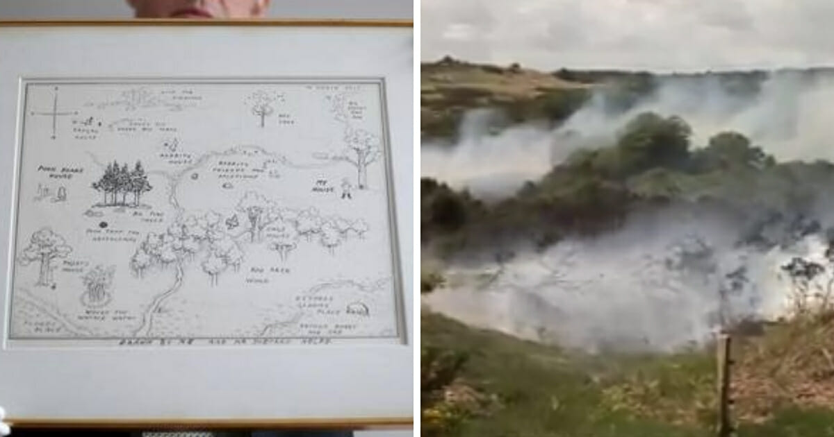 A picture of the hand-drawn map, left, and the forest on fire, right.