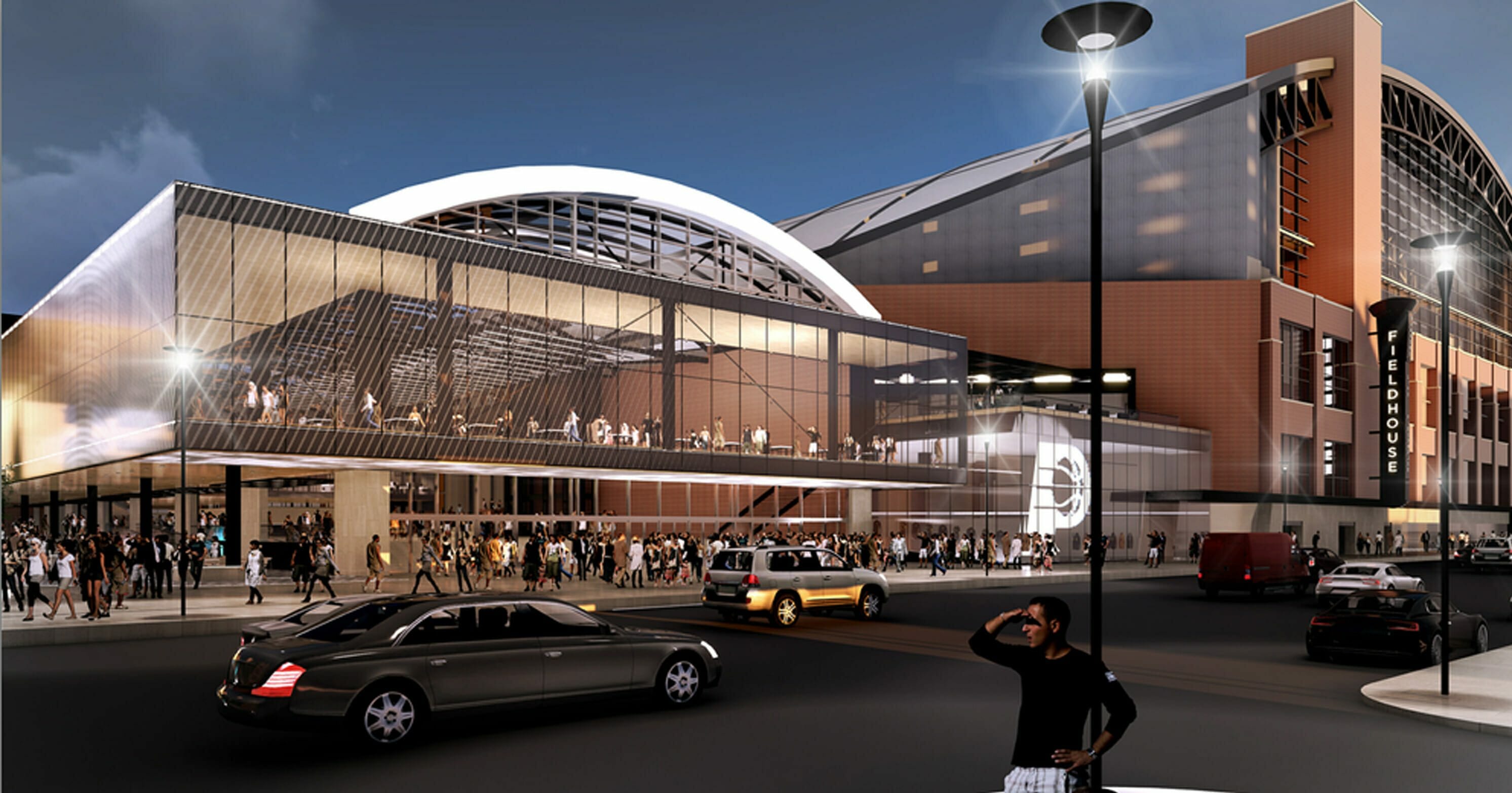 This rendering provided by the Indiana Pacers, shows renovations and expansion of the NBA basketball team's downtown arena in Indianapolis.