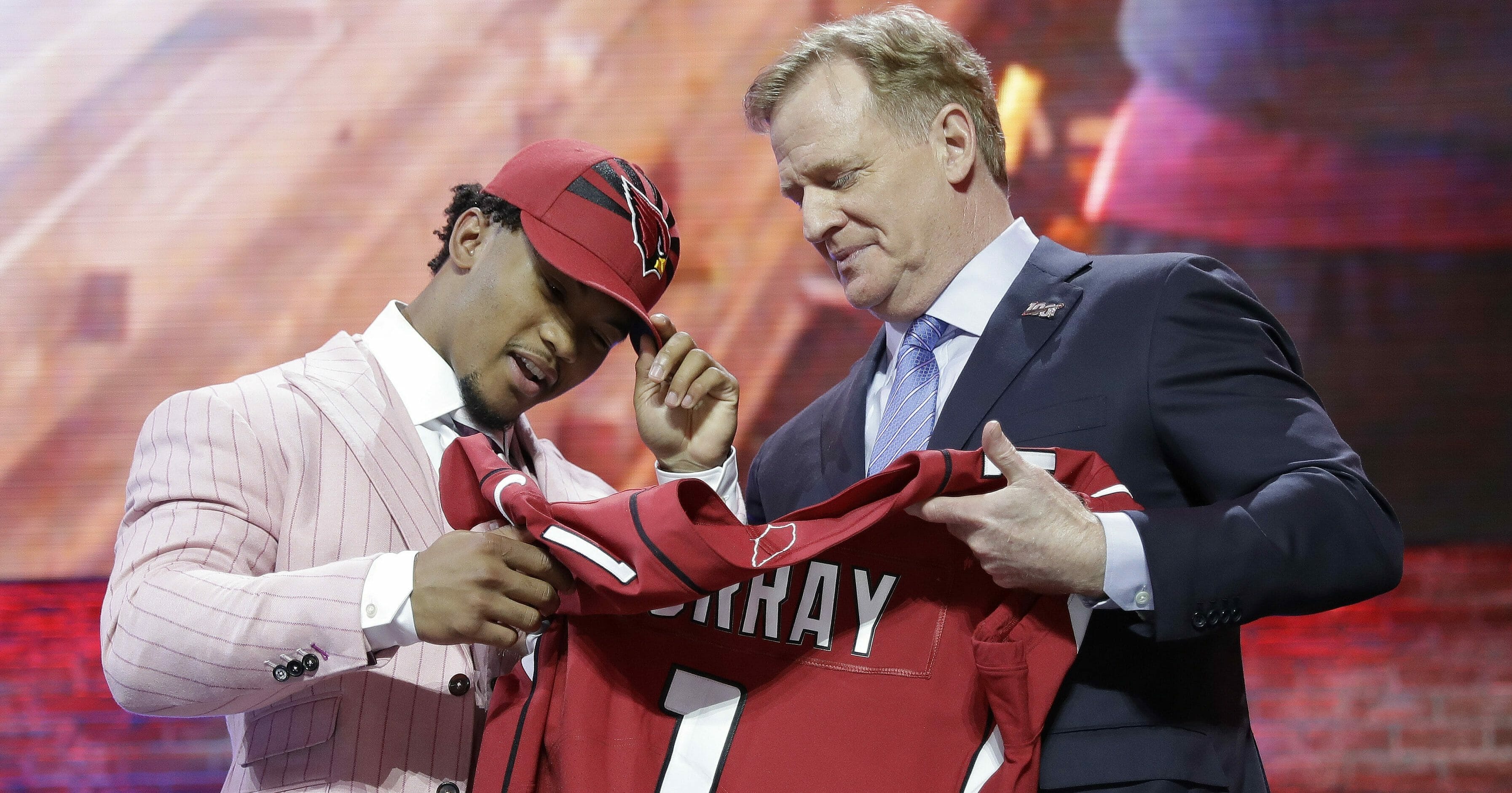 Oklahoma quarterback Kyler Murray poses with NFL Commissioner Roger Goodell after the Arizona Cardinals selected Murray in the first round at the NFL football draft, Thursday, April 25, 2019, in Nashville, Tenn.