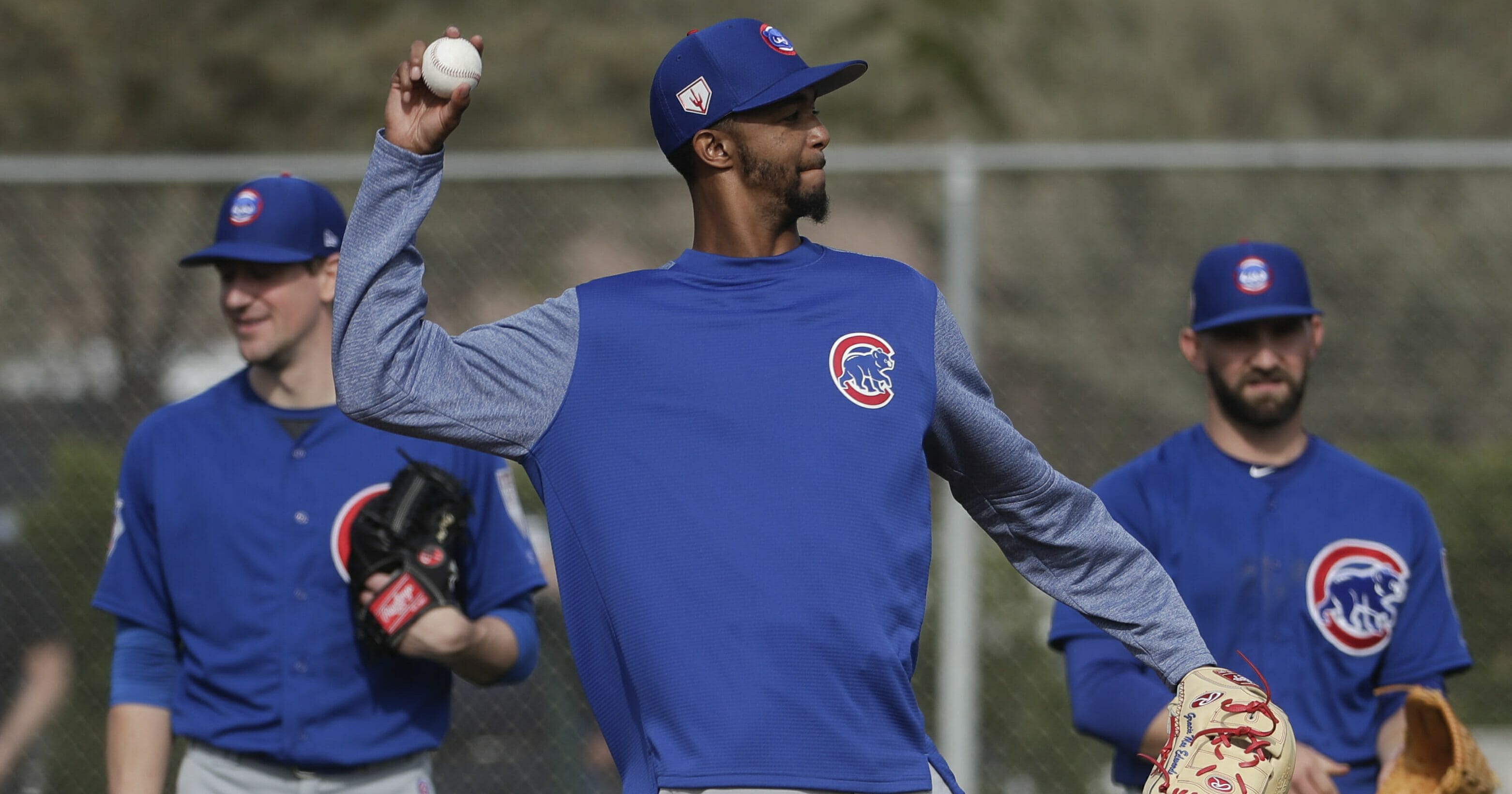 Chicago Cubs pitcher Carl Edwards Jr. throws during a spring training workout, in Mesa, Arizona, on Feb. 15, 2019.