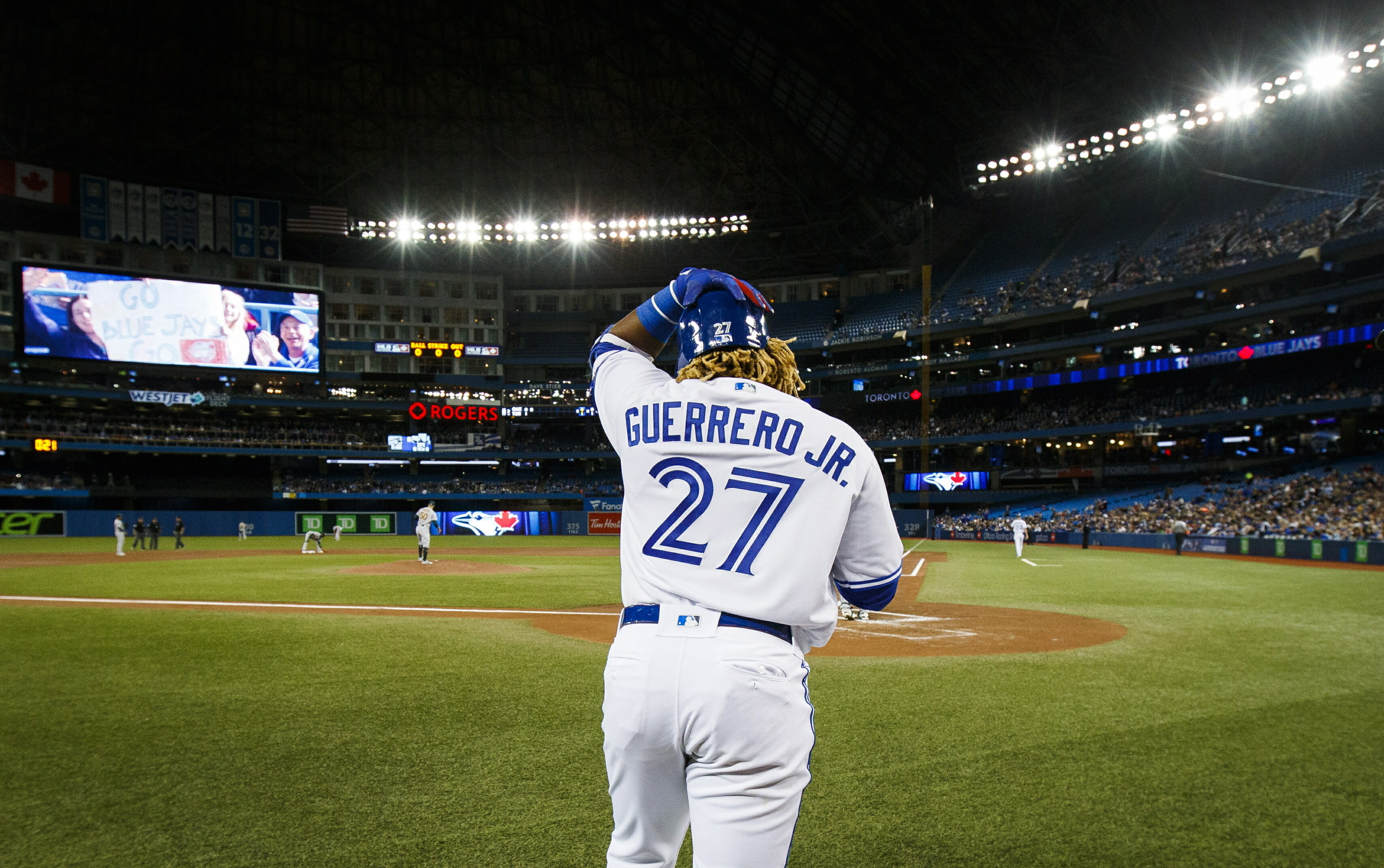 Toronto Blue Jays rookie Vladimir Guerrero Jr. leaves the on-deck circle before his first major league at-bat.