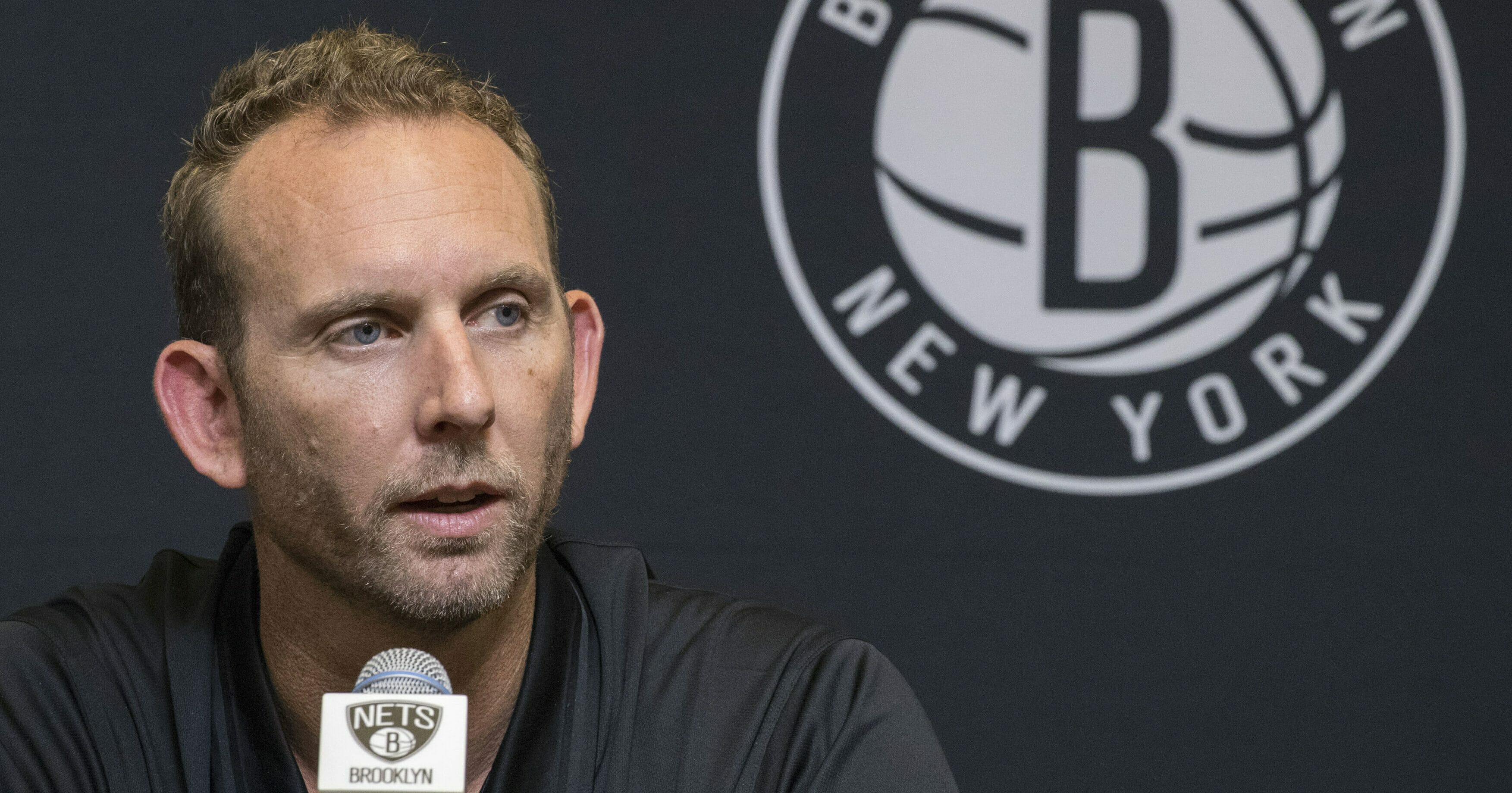 This June 18, 2018, file photo shows Brooklyn Nets General Manager Sean Marks during a news conference introducing the team's draft picks in New York.