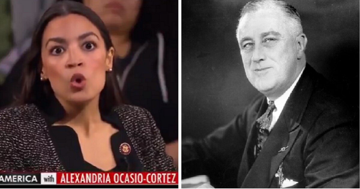 Rep. Alexandria Ocasio-Cortez, left; and the late Franklin Delano Roosevelt, right.
