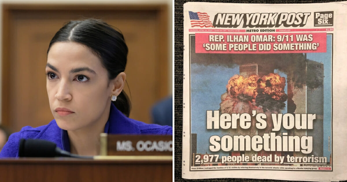 Rep. Alexandria Ocasio-Cortez listens during a House Financial Services Committee hearing on April 10, 2019, left. A New York Post cover of 9/11, right.
