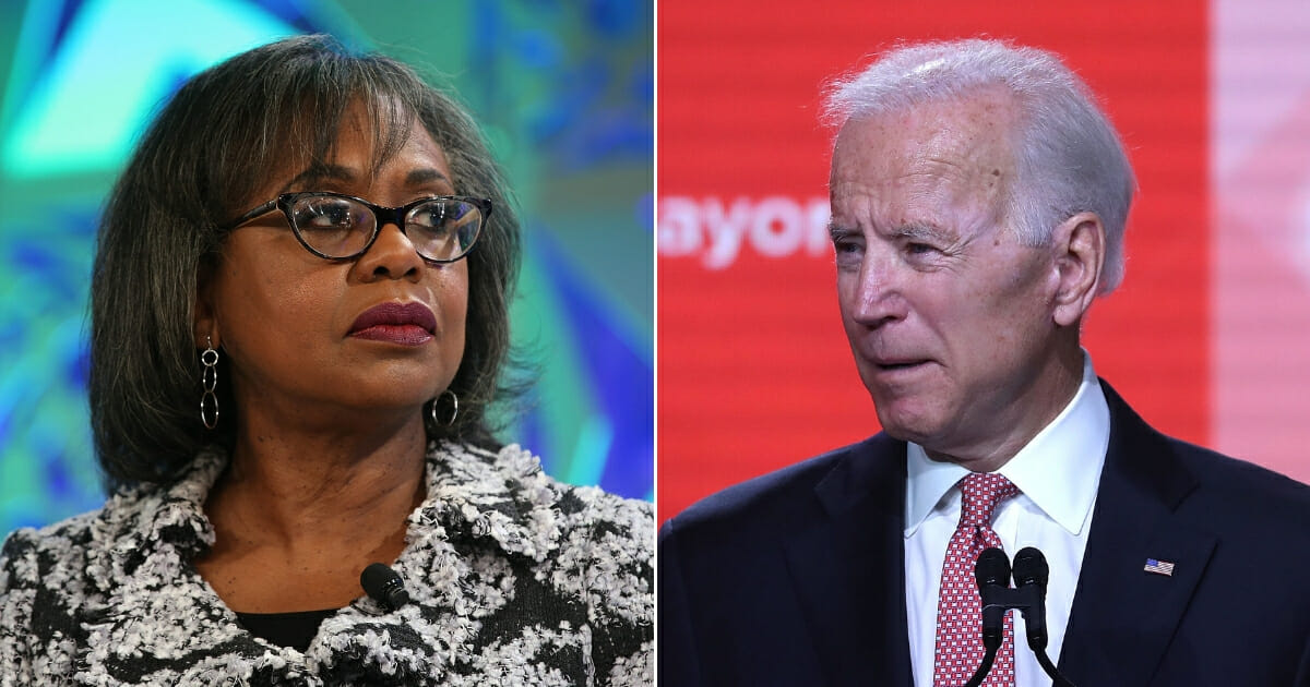 Anita Hill speaks onstage at the Fortune Most Powerful Women Summit 2018 at Ritz Carlton Hotel on Oct. 2, 2018, in Laguna Niguel, California, left. Former U.S. Vice President Joe Biden speaks during the 87th United States Conference of Mayors Winter Meeting at the Capitol Hilton on Jan. 24, 2019, in Washington, D.C.