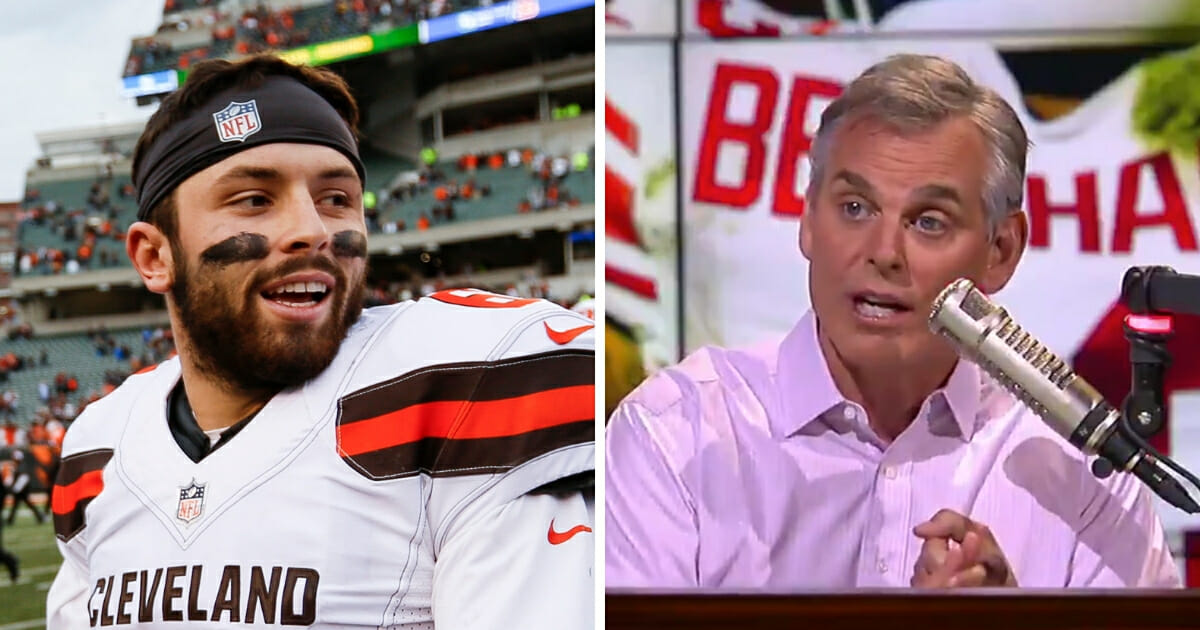 Cleveland Browns quarterback Baker Mayfield, left, and Fox Sports host Colin Cowherd, right.