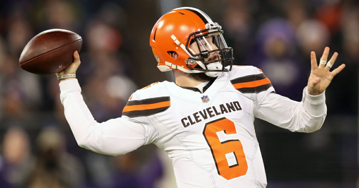 Cleveland Browns quarterback Baker Mayfield throws against the Ravens on Dec. 30, 2018, in Baltimore.
