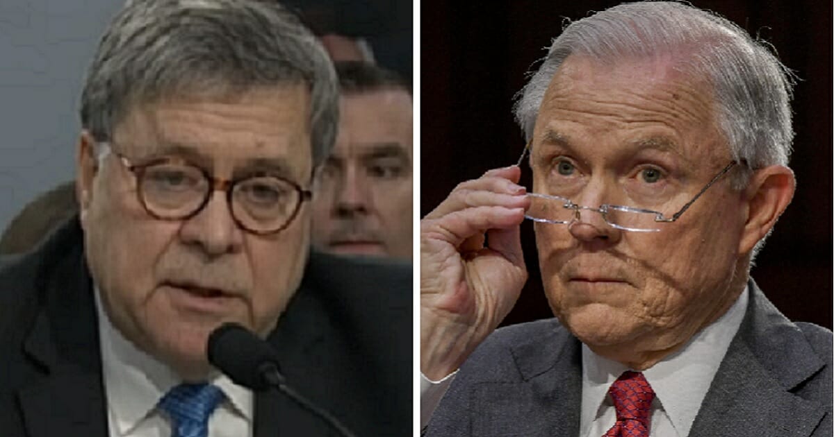 Attorney General William Barr, left; and former Attorney General Jeff Sessions, right.