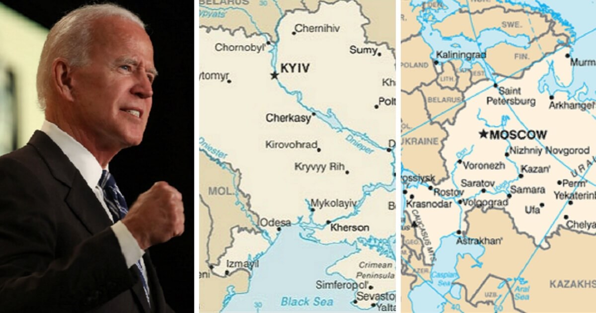 Joe Biden, left, with partial maps of Ukraine, center, and Russia, right.