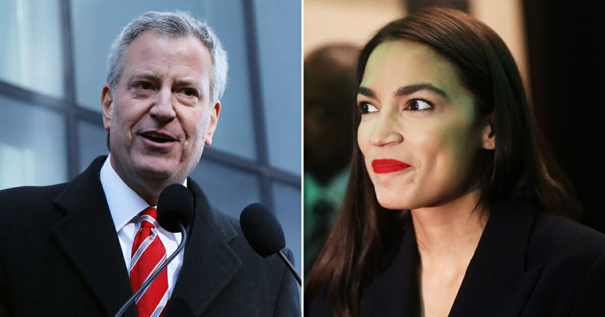 Mayor Bill de Blasio, left, and Rep. Alexandria Ocasio-Cortez, right.