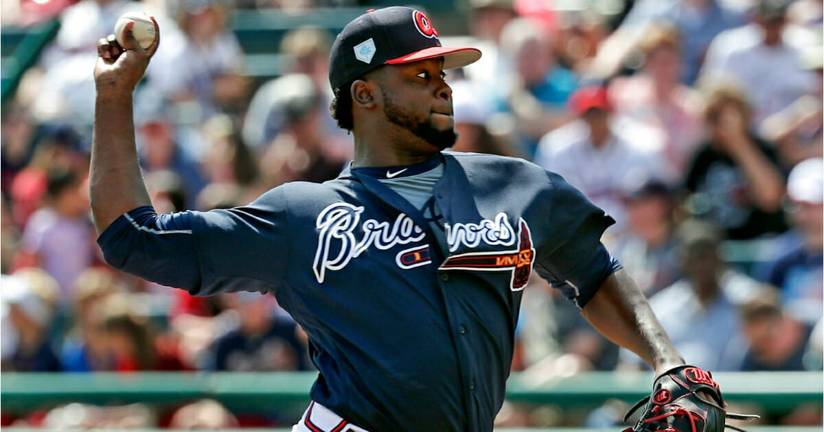 The Atlanta Braves' Arodys Vizcaino pitches in a spring training game against the Miami Marlins on March 15, 2019, in Kissimmee, Florida.