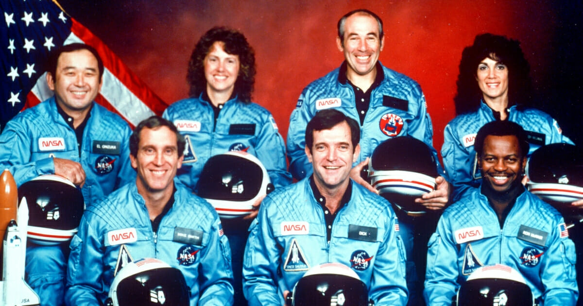 The crew of the space shuttle Challenger is seen in this 1986 photo. From left to right: Ellison Onizuka, Mike Smith, Christa McAuliffe, Dick Scobee, Greg Jarvis, Ron McNair and Judith Resnik.