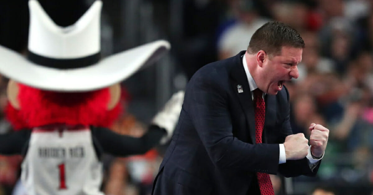 Texas Tech basketball coach Chris Beard reacts during a game against the Michigan State Spartans on April 6, 2019, in Minneapolis.