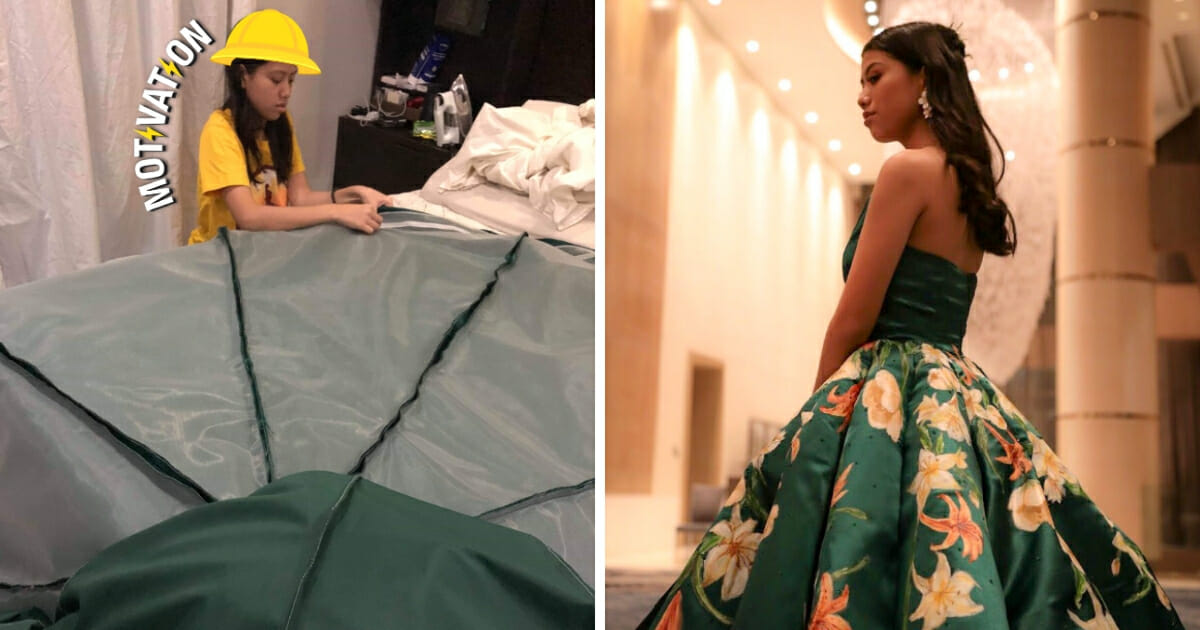 Girl makes her own ballgown.