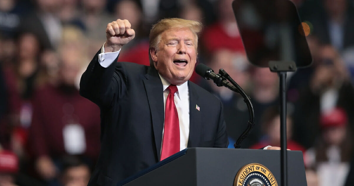 President Donald Trump speaks to supporters during a rally at the Van Andel Arena on March 28, 2019, in Grand Rapids, Michigan.