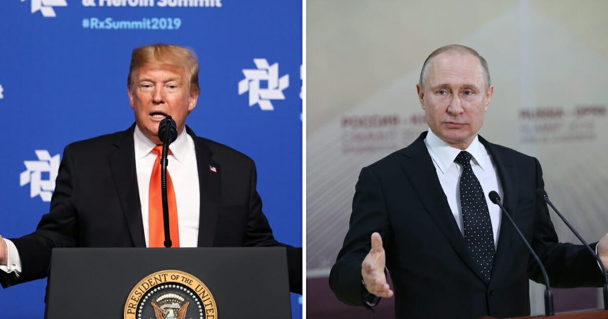 President Donald Trump speaks at the Rx Drug Abuse & Heroin Summit on April 24, 2019, in Atlanta, Georgia, left. Russian President Vladimir Putin speaks during his press conference on April 25, 2019, right.