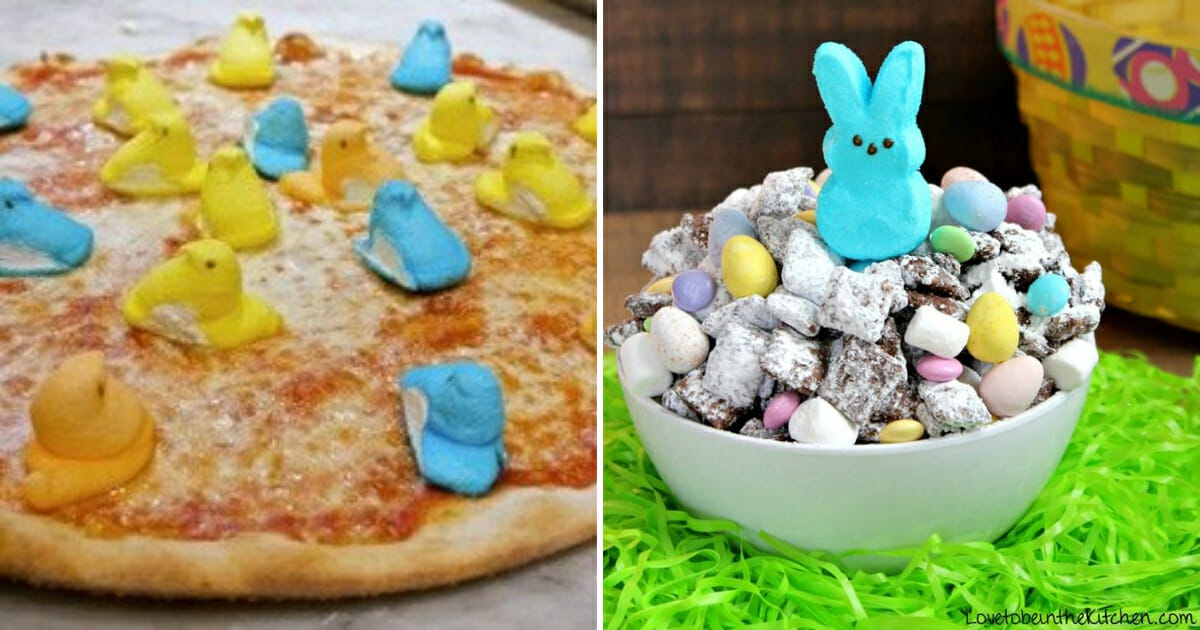 Peeps on a pizza, left, and Easter muddy buddies, right.
