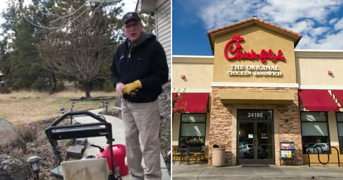 Man standing by lawn mower, left, and Chick-fil-A building.