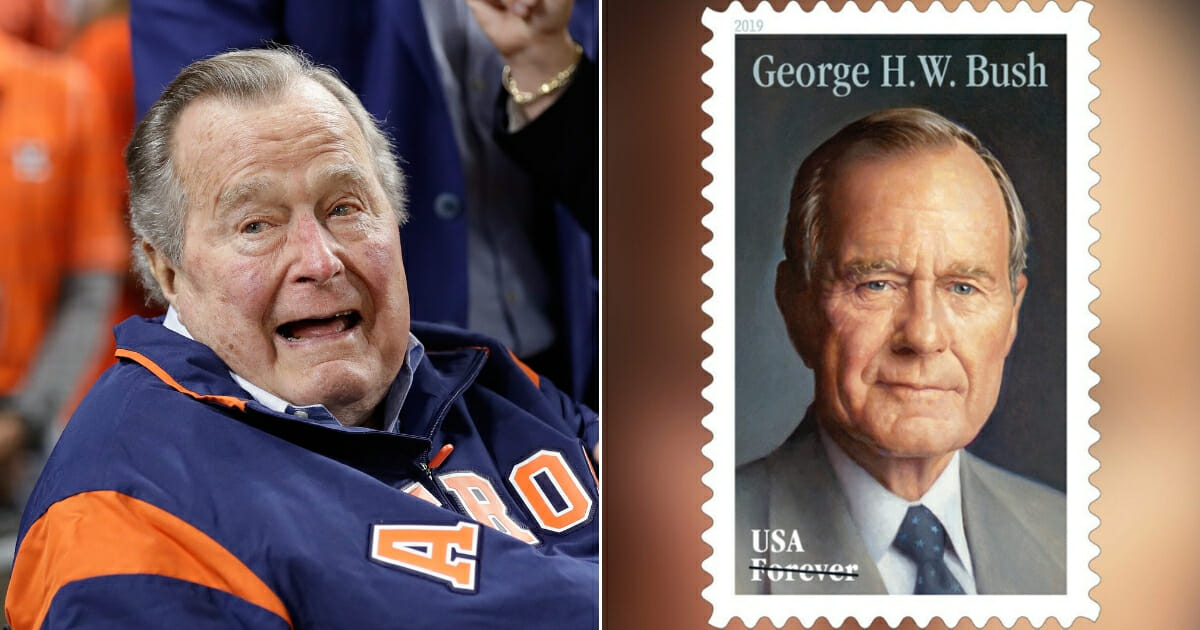 Former U.S. President George H.W. Bush, left, and the Forever stamp honoring him, right.