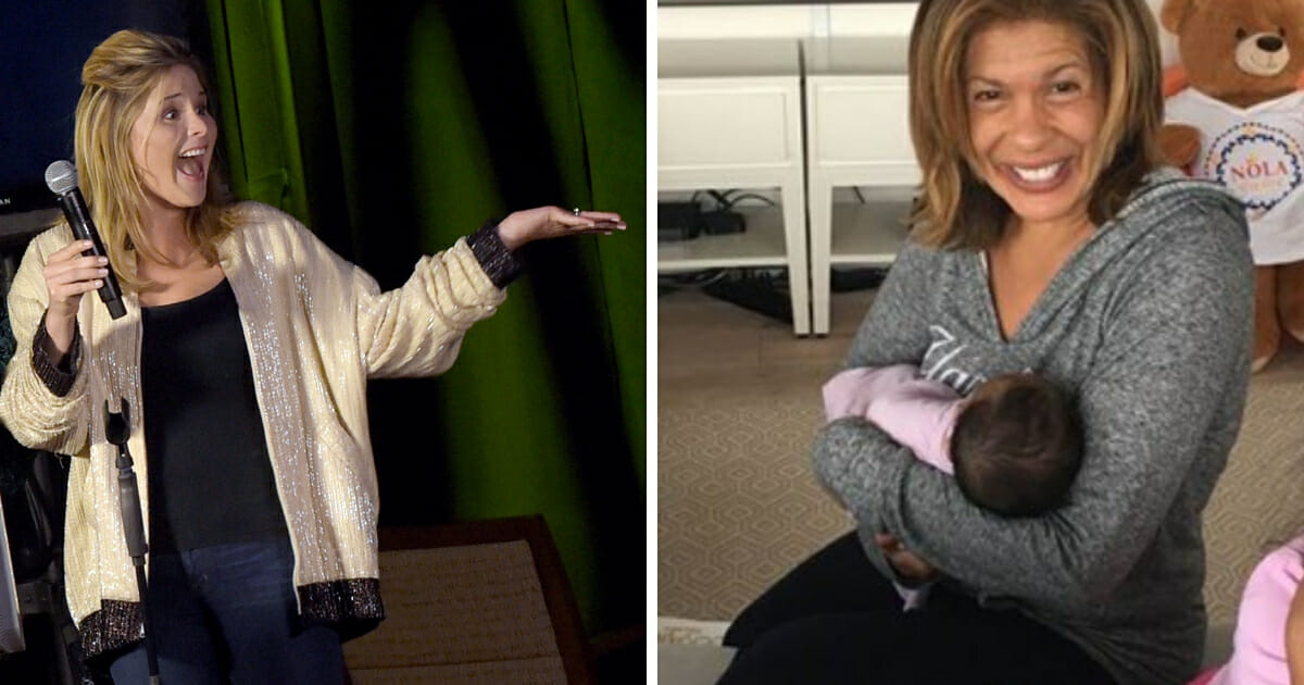 Jenna Bush Hager, left, and Hoda Kotb holding her new daughter, right.