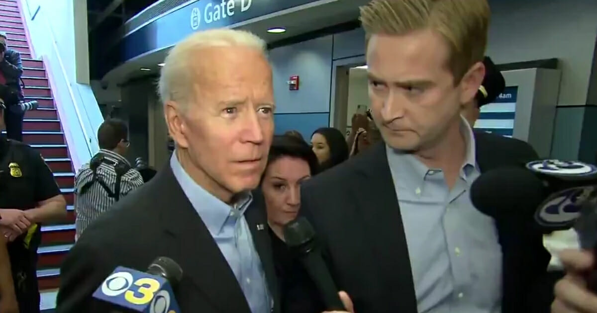 Presidential candidate Joe Biden answers a question while Fox News' Peter Doocy listens on Thursday, April 25, 2019.
