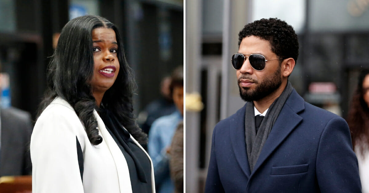Cook County State's attorney Kim Foxx speaks with reporters, left, and actor Jussie Smollett leaves Leighton Criminal Courthouse, right.