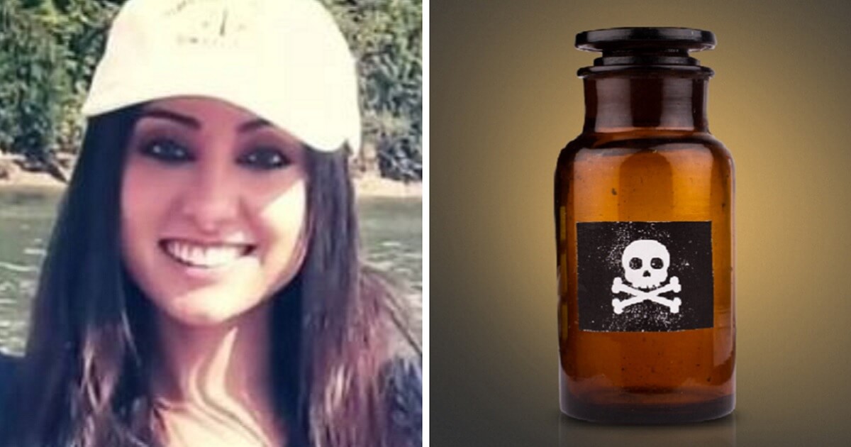 Dr. Lara Kollab, left; and bottle marked poison, right.