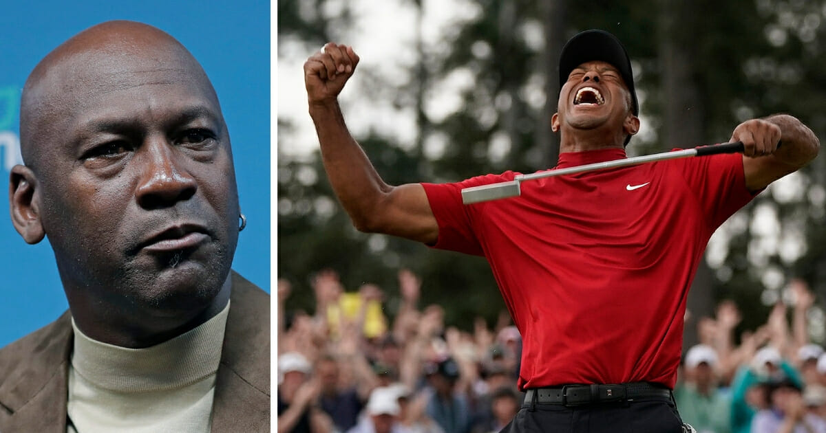 NBA legend Michael Jordan, left, and Masters champion Tiger Woods, right.