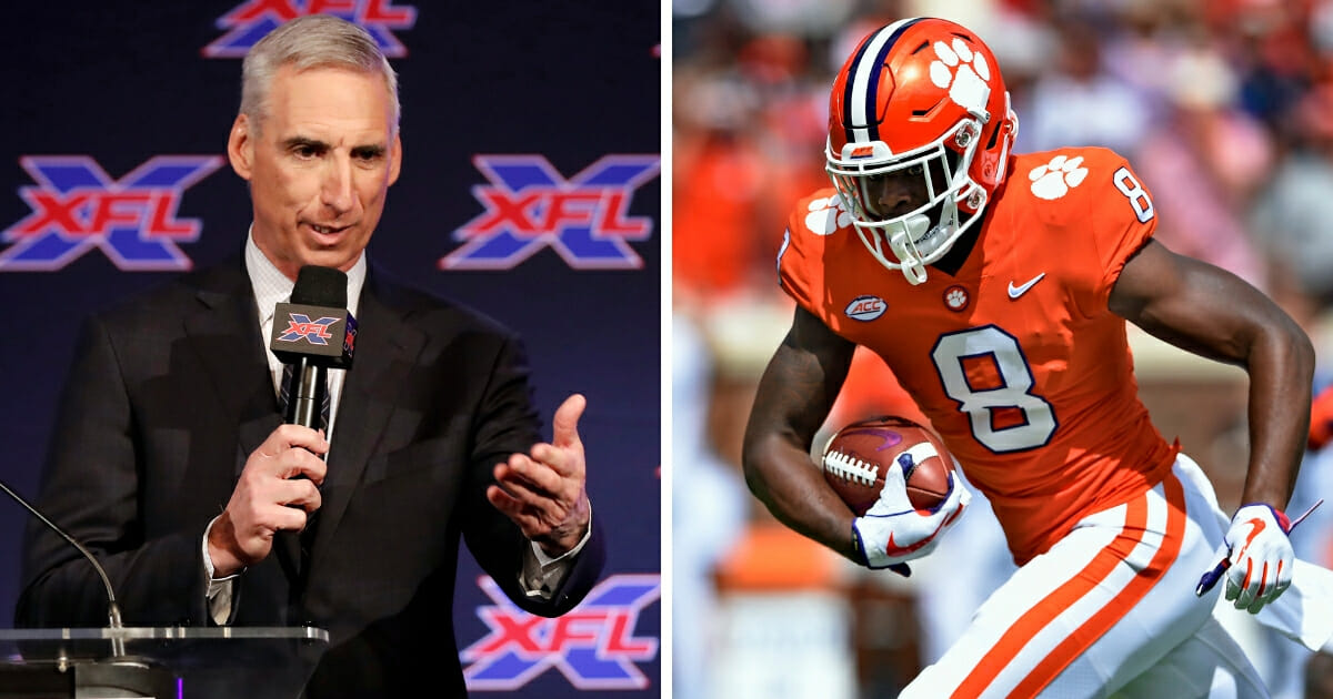 XFL Commissioner Oliver Luck, left, and Clemson's Justyn Ross, right.