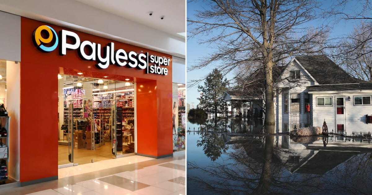 Payless shoe store, left, and a home surrounded by flood water in Craig, Missouri, right.