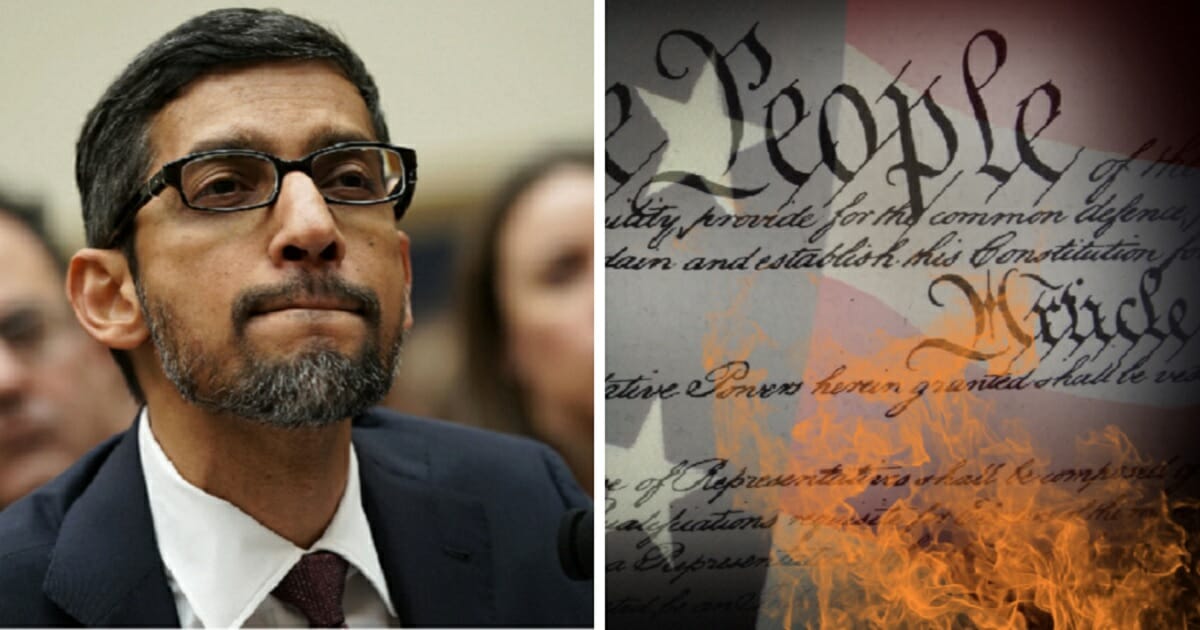 Sundar Pichai, left; an image a copy of the Constitution on fire, right.