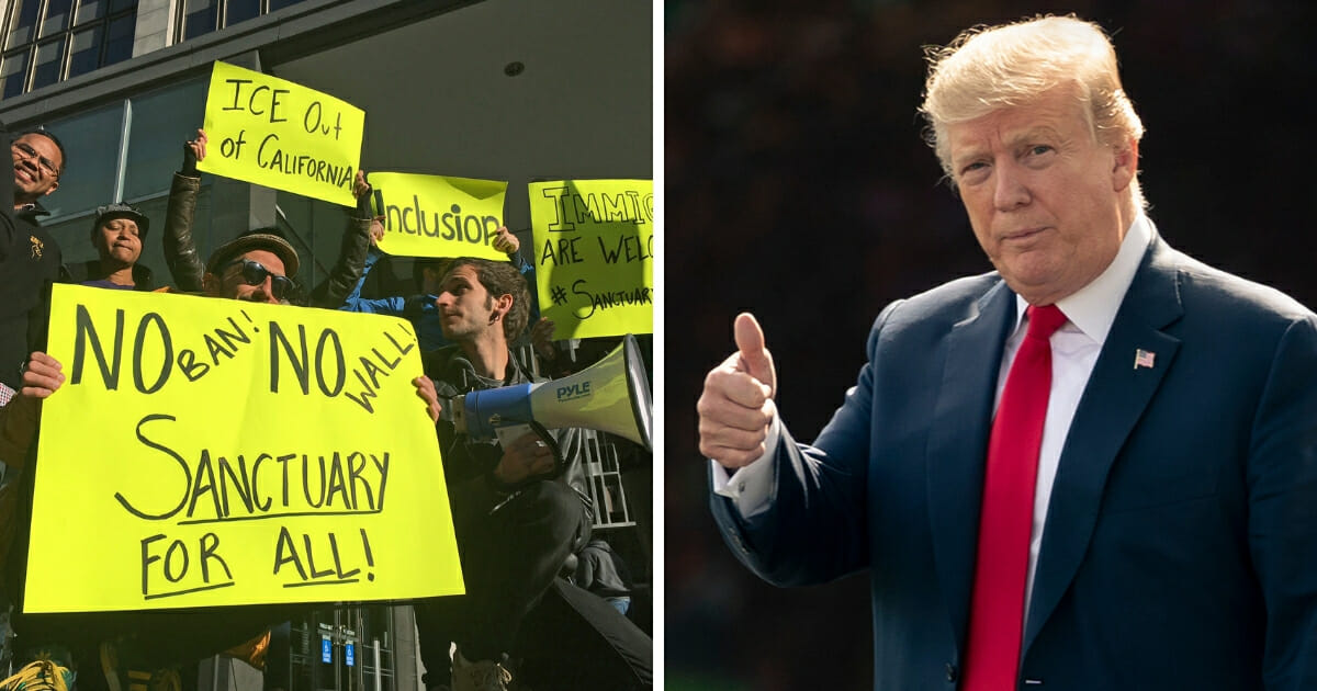 At left, demonstrators in San Francisco hold up signs in support of illegal immigrants and so-called sanctuary cities. At right, President Donald Trump gives a thumbs up.