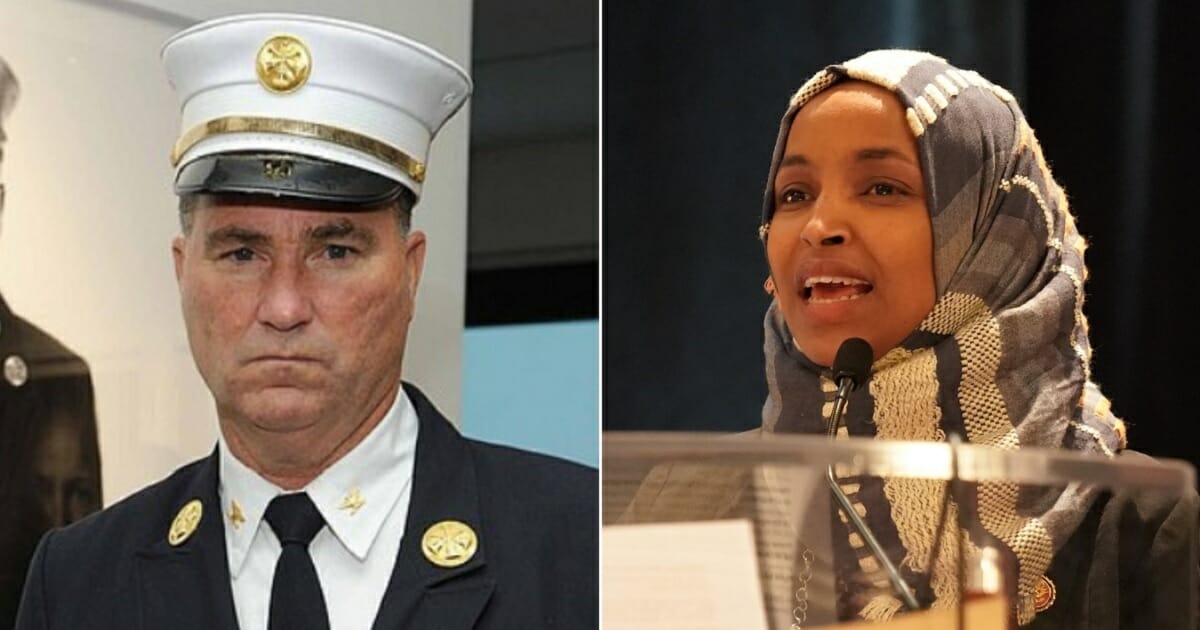 Retired New York City Deputy Fire Chief Jim Riches, left; and Rep. Ilhan Omar, right.