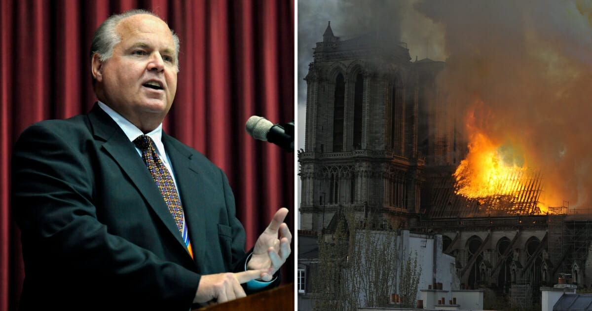 Radio host Rush Limbaugh speaking during a ceremony in 2012, left, and a ire rages through the iconic Notre-Dame Cathedral on April 15, 2019 in Paris, France, right.