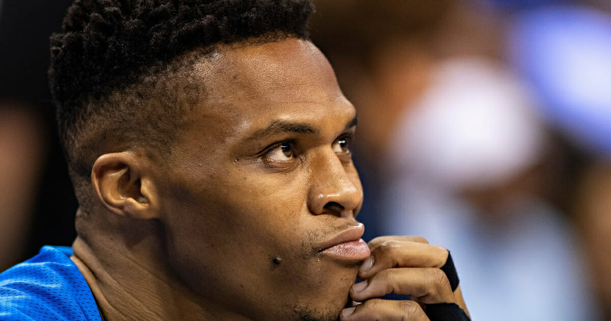 Russell Westbrook of the Oklahoma City Thunder before a playoff game against the Portland Trail Blazers on April 21, 2019, in Oklahoma City.