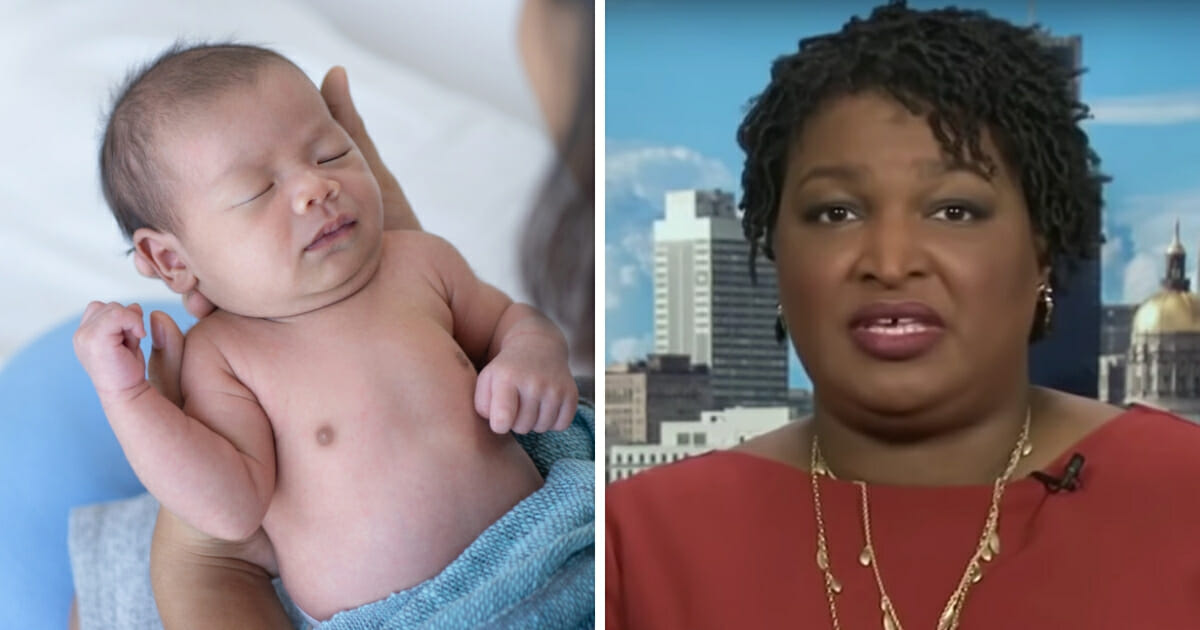 A newborn infant, left, and failed Georgia Democratic gubernatorial candidate Stacey Abrams, right.
