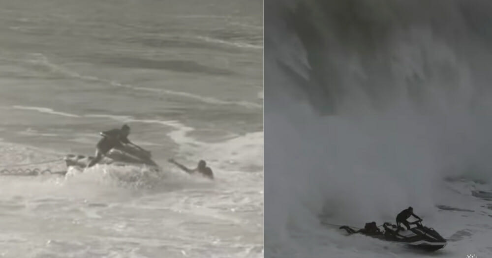 Jetski rescuer saves surfer, left, wave chases jetski, right.
