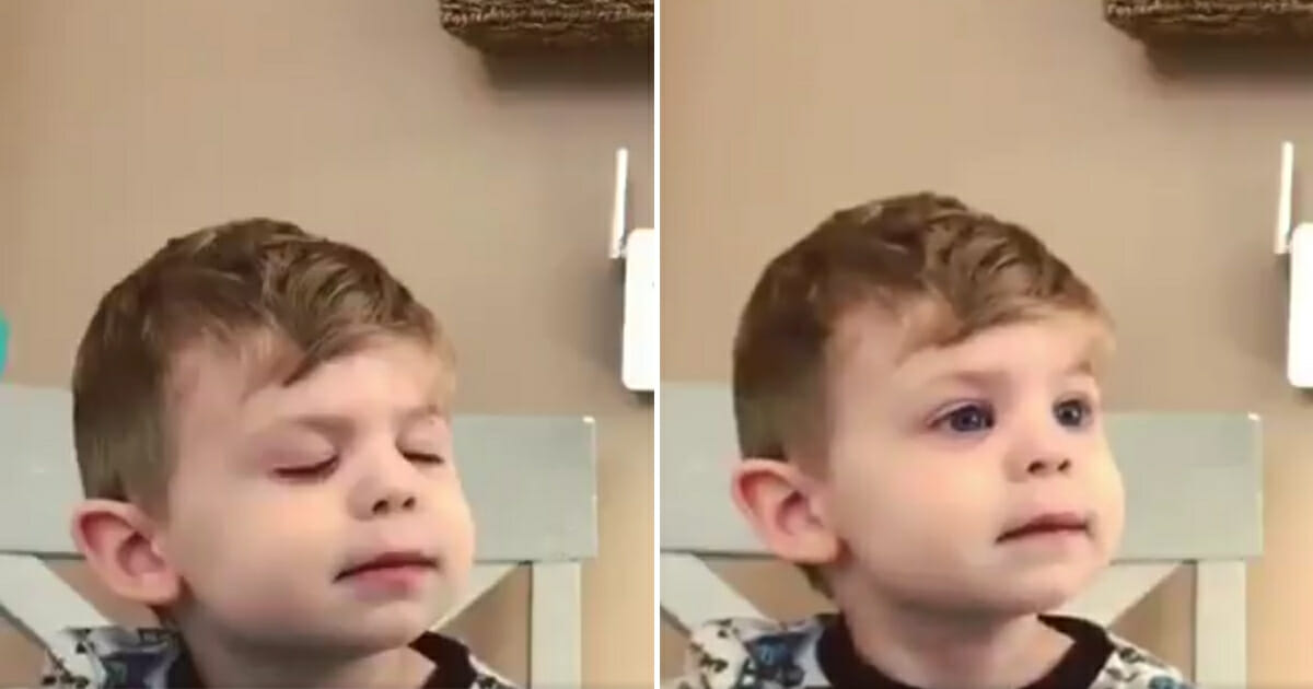 Little boy closes eyes, left, and is surprised, right.