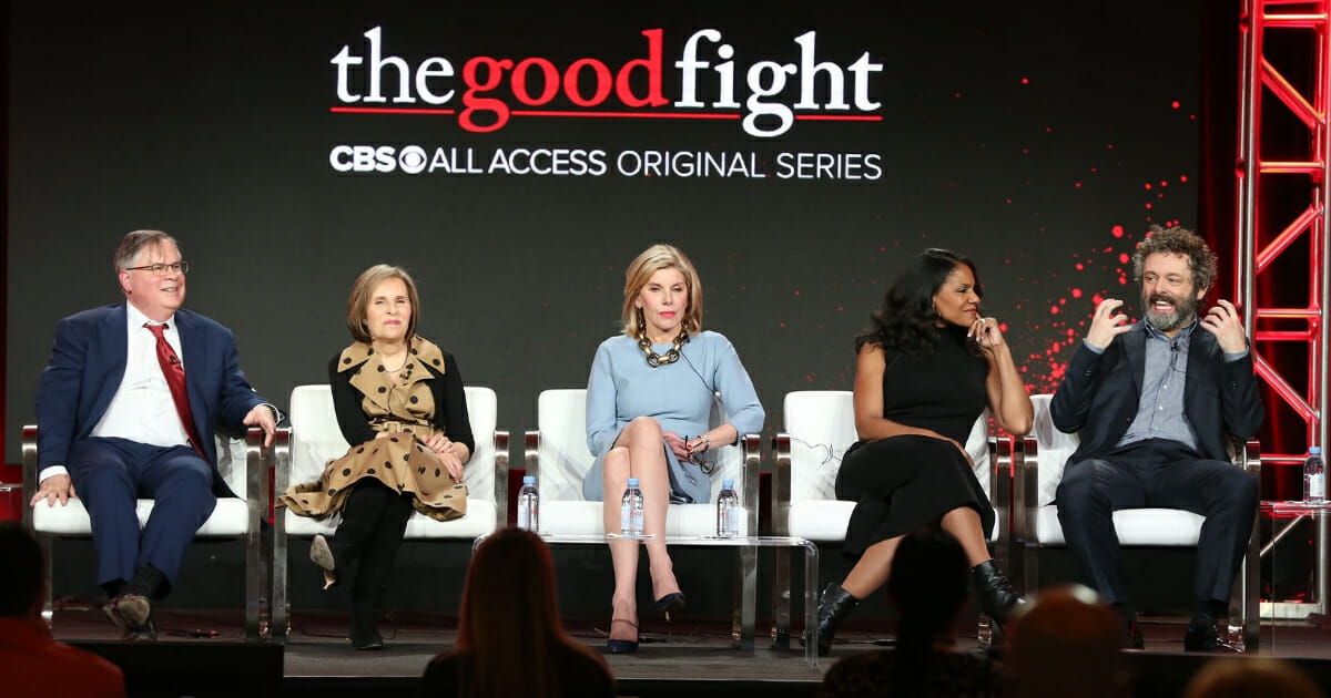 Robert King, Michelle King, Christine Baranski, Audra McDonald and Michael Sheen of the television show 'The Good Fight' speak during the CBS segment of the 2019 Winter Television Critics Association Press Tour at The Langham Huntington, Pasadena on Jan. 30, 2019, in Pasadena, California.